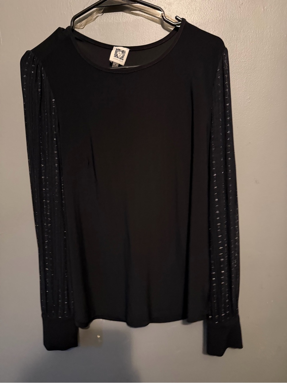 Anne Klein Black Long-Sleeve Top with Sparkle-Striped Sleeves
